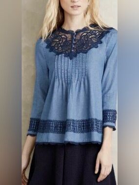 Nanette Lepore Blue Chambray Blouse with Navy Lace Yoke